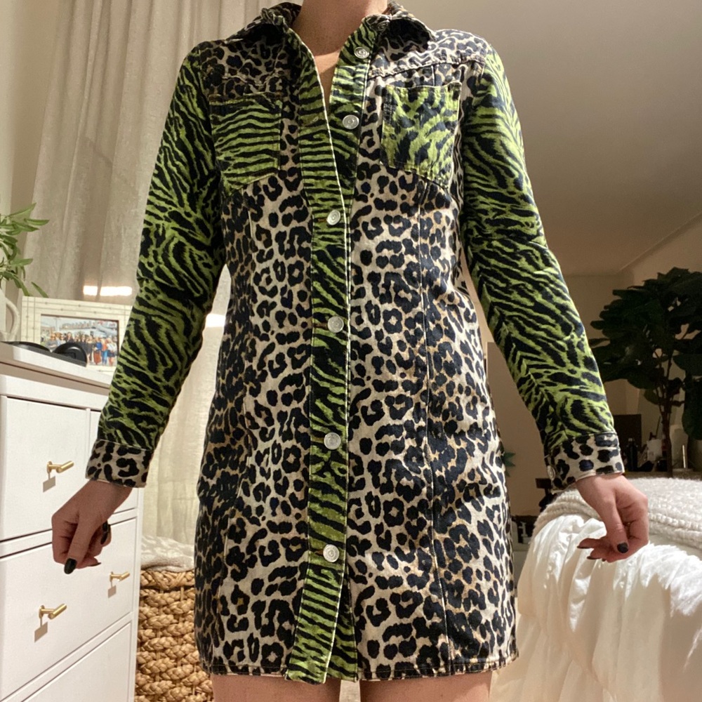 Ganni Leopard Print Denim Shirt Dress